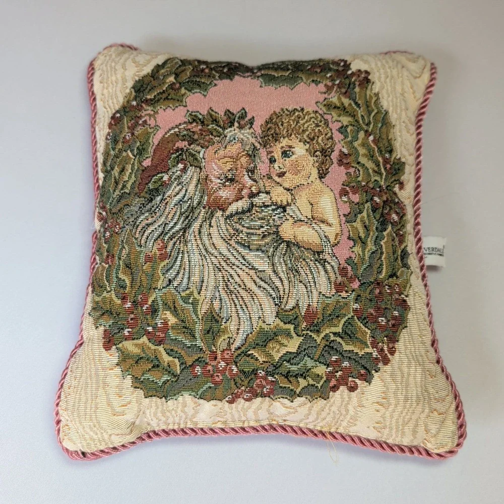 Riverdale Decorative Products Santa and Cherub Tapestry Christmas Pillow Pink
